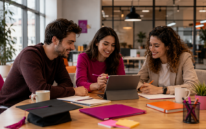 Persona realizando un curso online a través de un campus virtual desde su ordenador portátil y siguiendo contenidos formativos